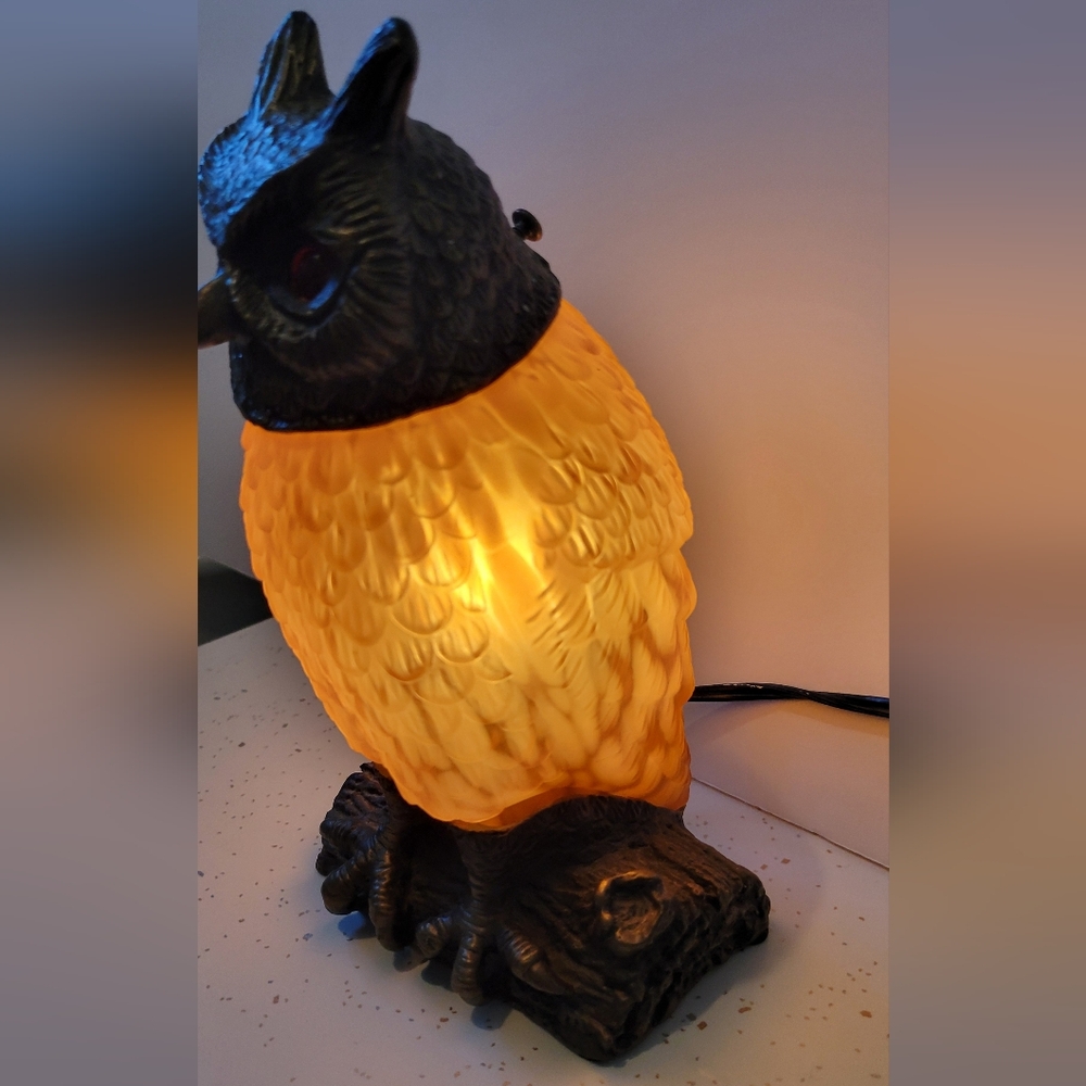 Owl Lamp Metal Glass Amber 9" Red Eyes Vintage Tin Chi Style - Picture 10 of 11